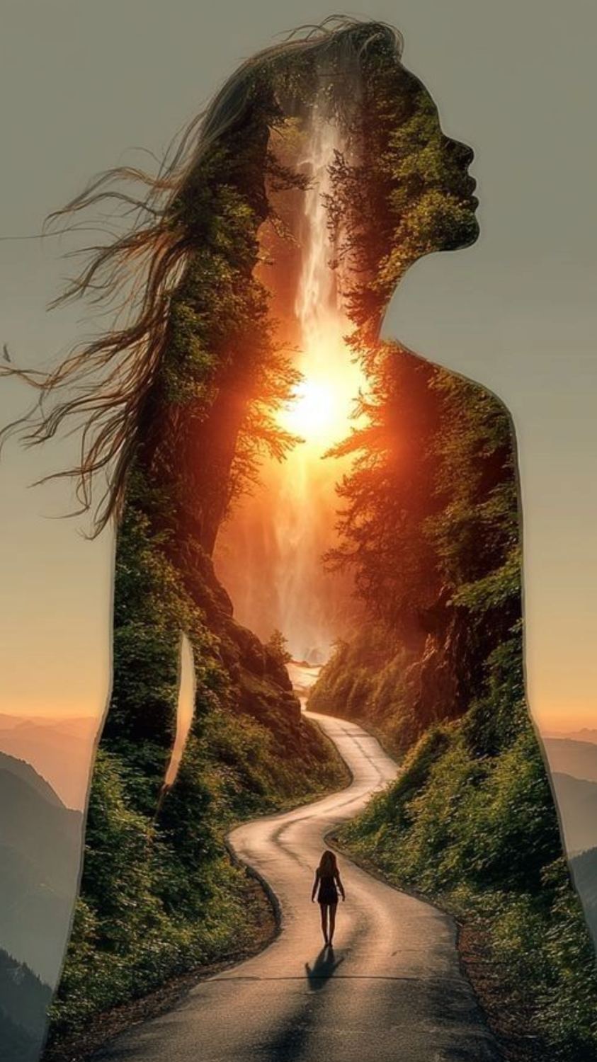 A woman's silhouette walking a golden forest path toward the light