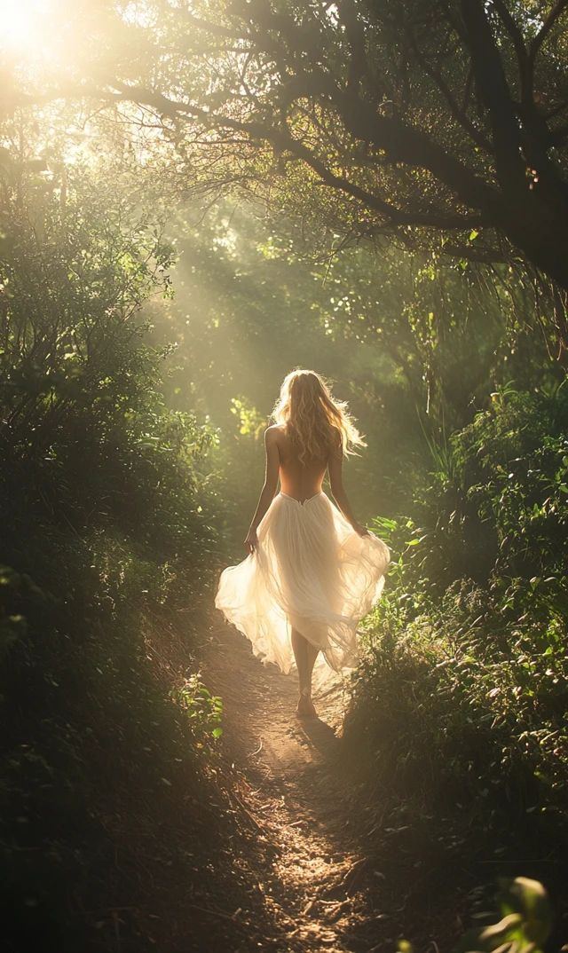 A woman in a flowing white dress walking a sunlit forest path