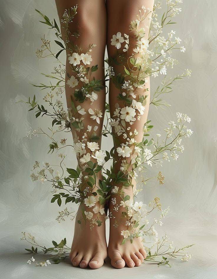 Bare feet surrounded by delicate white flowers, echoing Michelle's reflexology practice